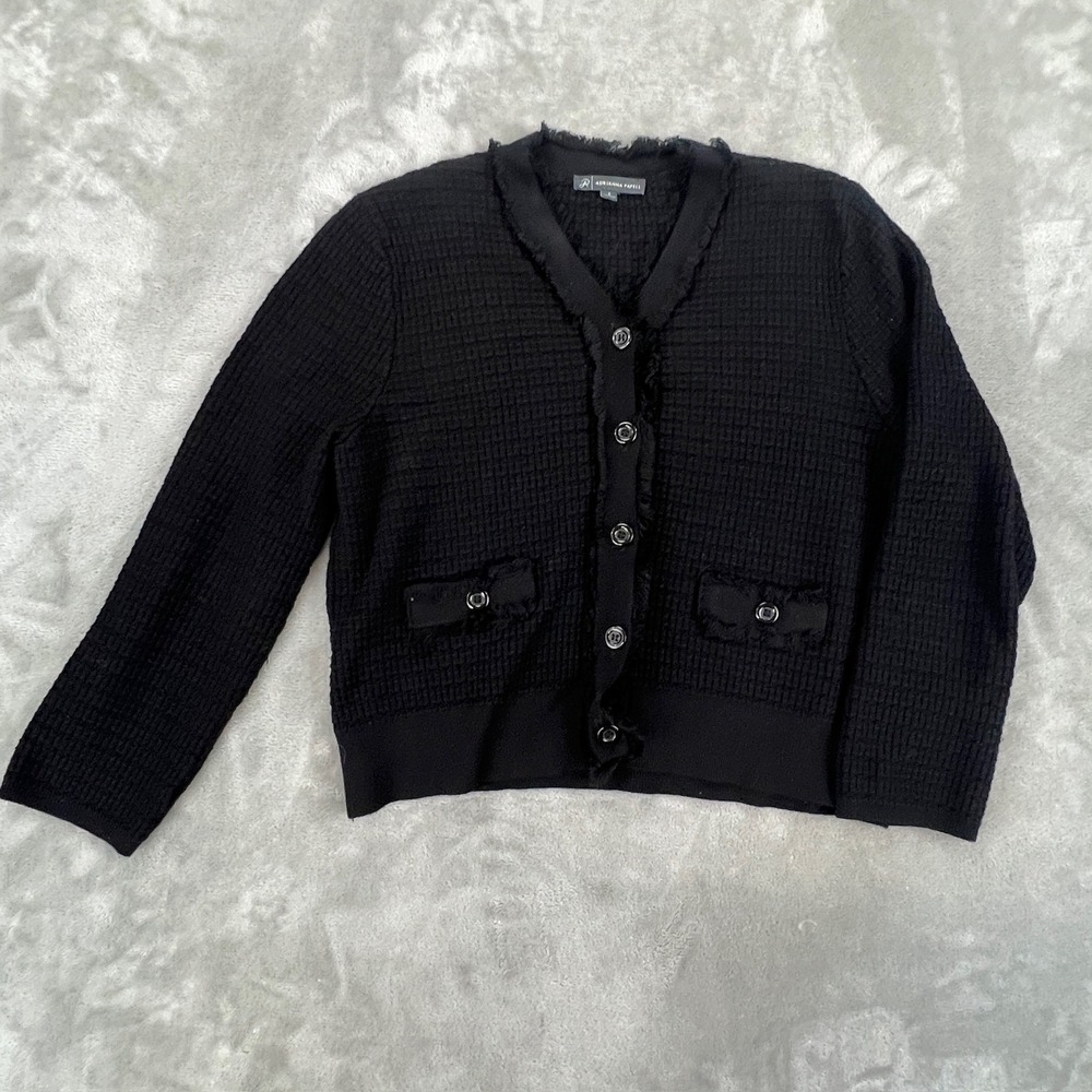 Adrianna Papell Black‎ Textured Knit Fringe Trim Cardigan Sweater Small
